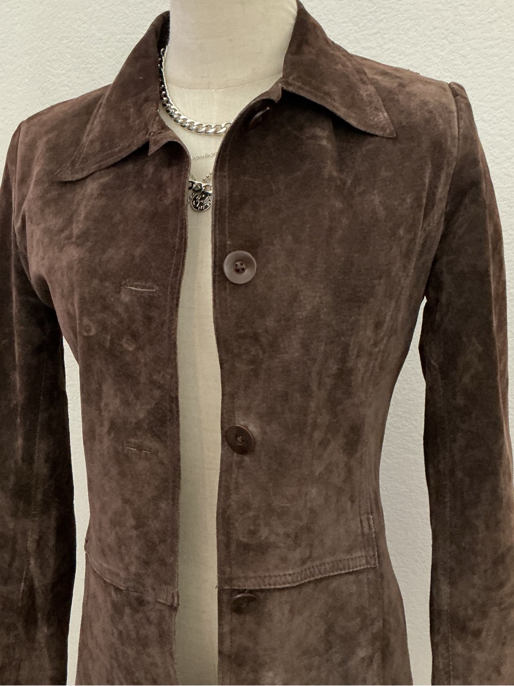 Women's Dark Brown Suede Button-Front Leather Jacket - Picture 3 of 10